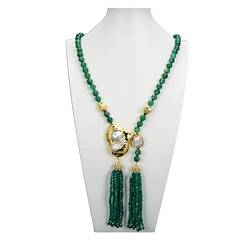 ELCCHRLD Schmuck Handgefertigter grüner Achat kultiviert große weiße Keshi-Perlen Quaste lange Halskette for Frauen erfüllen von ELCCHRLD