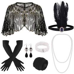 ELECLAND 10-teiliges 1920er Flapper Gatsby Accessoires-Set Fashion Roaring 20's Theme Set mit Stirnband, Kopfbedeckung, langen schwarzen Handschuhen, Halskette, Ohrringen für Frauen (Black Gold) von ELECLAND