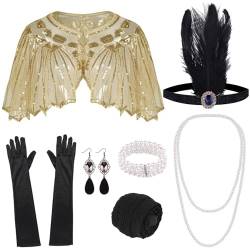ELECLAND 10-teiliges 1920er Flapper Gatsby Accessoires-Set Fashion Roaring 20's Theme Set mit Stirnband, Kopfbedeckung, langen schwarzen Handschuhen, Halskette, Ohrringen für Frauen von ELECLAND