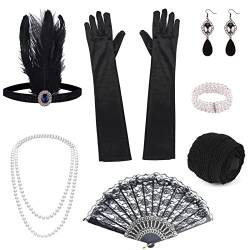 ELECLAND 10-teiliges 1920er Flapper Great Gatsby Accessoires-Set Fashion Roaring 20's Theme Set mit Stirnband, Kopfbedeckung, langen schwarzen Handschuhen, Halskette, Ohrringen für Frauen von ELECLAND