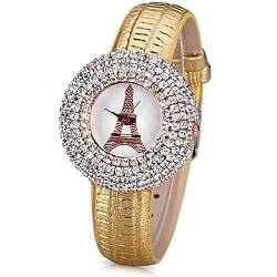 ELEOPTION Modern Damen Schmuck Lederband Armbanduhr Luxus-Quarz-Uhr mit Analog Diamanten Turm-Muster Gold von ELEOPTION