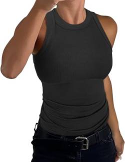 ELFIN Damen Ärmellos Racerback High Neck Tank Top Rundhals Gerippt Slim Fit Basic Shirt Sexy Obertiele Sommer Weste Ribbed Tops (XL, Schwarz) von ELFIN