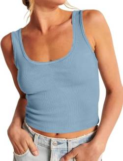 ELFIN Damen Crop Tops Gerippt Sommer Sexy Tank Top Cropped Ärmellos Slim Fit Basic Shirt Kurz Oberteile Ribbed Top (L, Blau) von ELFIN