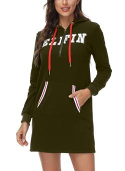 ELFIN Damen Hoodie Kleid Pullover Dress Langarm Sweatshirt Kapuzenpullover Herbst Winter Kleid Sweatjacke, Armeegrün, L von ELFIN