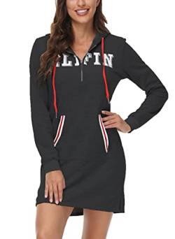 ELFIN Damen Hoodie Kleid Pullover Dress Langarm Sweatshirt Kapuzenpullover Herbst Winter Kleid Sweatjacke, Dunkelgrau, L von ELFIN