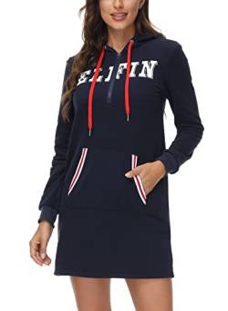 ELFIN Damen Hoodie Kleid Pullover Dress Langarm Sweatshirt Kapuzenpullover Herbst Winter Kleid Sweatjacke, Navy Blau, L von ELFIN