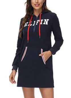 ELFIN Damen Hoodie Kleid Pullover Dress Langarm Sweatshirt Kapuzenpullover Herbst Winter Kleid Sweatjacke, Navy Blau, XL von ELFIN