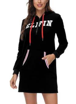 ELFIN Damen Hoodie Kleid Pullover Dress Langarm Sweatshirt Kapuzenpullover Herbst Winter Kleid Sweatjacke, Schwarz, L von ELFIN