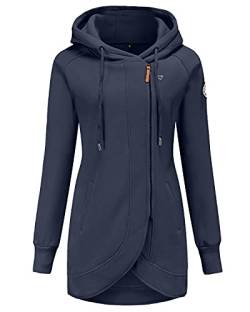 ELFIN Damen Lange Kapuzenpullover Zipper Hoodie Herbst Winter Pulli Sweatjacke mit Reißverschluss, Blau, XL von ELFIN