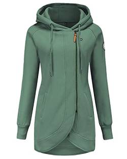 ELFIN Damen Lange Kapuzenpullover Zipper Hoodie Herbst Winter Pulli Sweatjacke mit Reißverschluss, Grün, XL von ELFIN