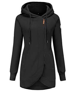 ELFIN Damen Lange Kapuzenpullover Zipper Hoodie Herbst Winter Pulli Sweatjacke mit Reißverschluss, Schwarz, L von ELFIN