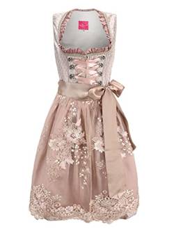 ELFIN Damen Midi Dirndl Elegante Trachtenkleid für Oktoberfest inkl. Spitzen Dirndlschürze, Champagner Rosa, 46 von ELFIN