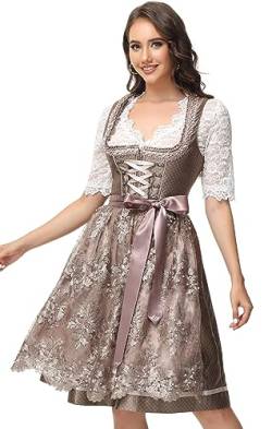 ELFIN Damen Midi Dirndl Elegante Trachtenkleid für Oktoberfest inkl. Spitzen Dirndlschürze, Dunkelbraun, 34 von ELFIN