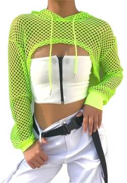 ELFIN Damen Netzshirt Netztop Netzhemd Crop Top 80er Jahre Outfits Karneval Fasching Motto Party Tops Netzoberteil Sommertops, Neon-Grün-Kapuze, M von ELFIN