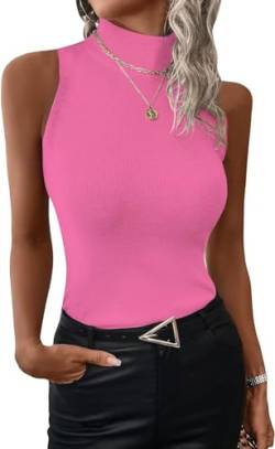 ELFIN Damen Rolli Top Elegant Rollishirt Rollkragen Ärmellos Basic Stretch Weste Slim Fit Gerippt Tank Tops Pullover Einfarbig (L, Roserot) von ELFIN