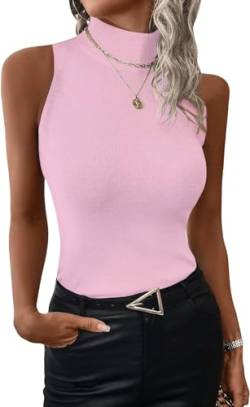 ELFIN Damen Rolli Top Elegant Rollishirt Rollkragen Ärmellos Basic Stretch Weste Slim Fit Gerippt Tank Tops Pullover Einfarbig (M, Rosa) von ELFIN