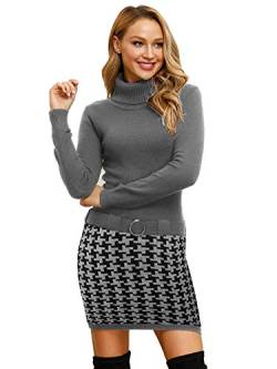 ELFIN Damen Rollkragen Pullover Kleid Elegant Winterkleid Strickkleid Knielang Minikleid mit Print-Rockteil Sweater Dress ,Grau/Schwarz XL von ELFIN