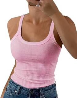 ELFIN Damen Spaghetti Top Gerippt Sommer Sexy Tank Top Cami Oberteile Ärmellos Slim Fit Basic Shirt Ribbed Träger Tops Einfarbig (L, Rosa) von ELFIN