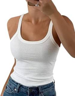 ELFIN Damen Spaghetti Top Gerippt Sommer Sexy Tank Top Cami Oberteile Ärmellos Slim Fit Basic Shirt Ribbed Träger Tops Einfarbig (L, Weiß) von ELFIN