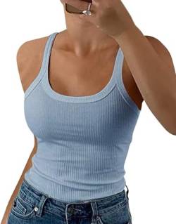 ELFIN Damen Spaghetti Top Gerippt Sommer Sexy Tank Top Cami Oberteile Ärmellos Slim Fit Basic Shirt Ribbed Träger Tops Einfarbig (M, Blau) von ELFIN