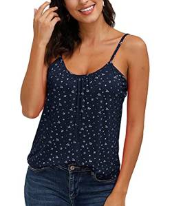 ELFIN Damen Spaghetti Top Sommer Tanktop Bluse Ärmellose Falten Basic Shirt Sommer Strand Bluse Oberteile Lässiges (M, Druck-blau) von ELFIN