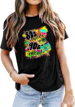 ELFIN Damen T-Shirt 80er 90er Jahre Drucken-Shirt Rundhals Kurzarm Sommer Oberteile Casual Bluse Tunika Tops, Schwarz 002, L von ELFIN