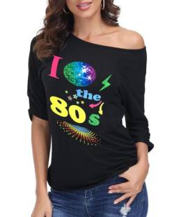 ELFIN Damen T-Shirt 80er Jahre Party-Shirts Sexy Lippen Drucken One-Shoulder-Shirt Kurzarm Sommer Oberteil Casual Bluse Tops, 80er Jahre, S von ELFIN