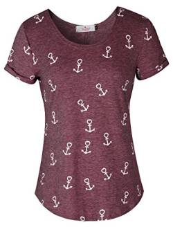 ELFIN Damen T-Shirt Top mit Anker Druck Rundhals Kurzarm Ladies Sommer Shirt Anker Sailing Tee Allover Print - leicht und luftig - sehr angenehm zu Tragen, Bordeauxrot, L von ELFIN