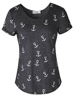 ELFIN Damen T-Shirt Top mit Anker Druck Rundhals Kurzarm Ladies Sommer Shirt Anker Sailing Tee Allover Print - leicht und luftig - sehr angenehm zu Tragen, Dunkelgrau, L von ELFIN