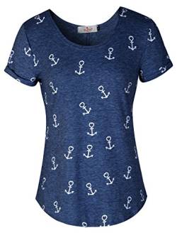 ELFIN Damen T-Shirt Top mit Anker Druck Rundhals Kurzarm Ladies Sommer Shirt Anker Sailing Tee Allover Print - leicht und luftig - sehr angenehm zu Tragen (Navy Blau, Large) von ELFIN