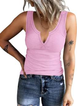 ELFIN Damen Tank Top Sommer Sexy V Ausschnitt Slim Fit Oberteile Gerippt Ärmellos Basic Shirt Weste Top (S, Rosa) von ELFIN