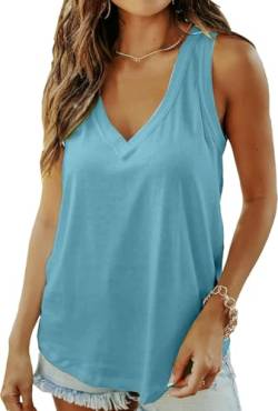 ELFIN Damen V-Ausschnitt Tank Top Ärmellos Sommer Basic T-Shirts Casual Oberteile Tunika Tops (L, Hellblau) von ELFIN