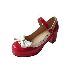 ELFY Damen Süße Lolita Cosplay Schuhe Schleife Mid Chunky Heel Mary Jane Pumps, (Rot1), 37.5 EU von ELFY