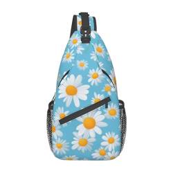 Schöne Sonnenblume Sling Bag Damen Crossbody Fanny Packs Crossbody Taschen Umhängetasche Für Männer Frauen Reisen Wandern, Weiße Gänseblümchen auf hellblauem Hintergrund, Einheitsgröße von ELFcat