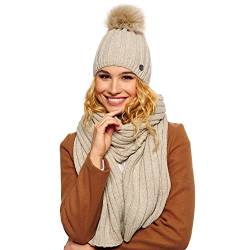 ELIMELI® Kaschmir Mütze Schal Damen Winter Kombi Set - warme Strickmütze mit Kunstfell Bommel - 3-teilig, Winterset Wintermütze passender Wollmütze Beanie Slouch Strick - Beige von ELIMELI