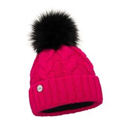 ELIMELI® Winter Mütze Damenmütze mit Fell-Bommel Fleece Innenfutter gefüttert - warme Damen Bommelmütze Strickmütze - Wintermütze mit Kunstfell Bommel - Slouch Strick Beanie Made in EU (Amaranth) von ELIMELI