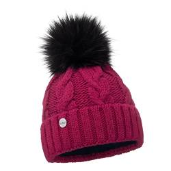 ELIMELI® Winter Mütze Damenmütze mit Fell-Bommel Fleece Innenfutter gefüttert - warme Damen Bommelmütze Strickmütze - Wintermütze mit Kunstfell Bommel - Slouch Strick Beanie Made in EU (Fuchsia) von ELIMELI