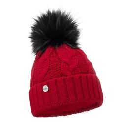 ELIMELI® Winter Mütze Damenmütze mit Fell-Bommel Fleece Innenfutter gefüttert - warme Damen Bommelmütze Strickmütze - Wintermütze mit Kunstfell Bommel - Slouch Strick Beanie Made in EU (rot) von ELIMELI