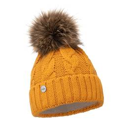 ELIMELI® Winter Mütze Damenmütze mit Fell-Bommel Fleece Innenfutter gefüttert - warme Damen Bommelmütze Strickmütze - Wintermütze mit Kunstfell Bommel - Slouch Strick Beanie Made in EU (senfgelb) von ELIMELI