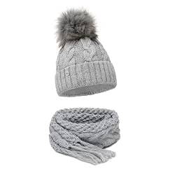 ELIMELI® Winter Mütze Schal Set Damenmütze mit Fell-Bommel Fleece Innenfutter - 2-teilig Damen Winterset - Wintermütze und passender Schal Damenschal- Strickmütze gefüttert (Grau - Mütze mit Schal) von ELIMELI