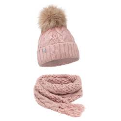 ELIMELI® Winter Mütze Schal Set Damenmütze mit Fell-Bommel Fleece Innenfutter - 2-teilig Damen Winterset - Wintermütze und passender Schal Damenschal- Strickmütze gefüttert - Made in EU (rosa) von ELIMELI