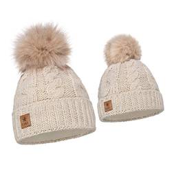 ELIMELI Eltern-Kind Mütze Mädchen Warme Wintermütze für Mutter und Tochter Mütze Damen Winter mit Kunstfell Bommel Slouch Strick Beanie Damen Bommelmütze Kinder Mama und Baby Cap Set 1 (Beige) von ELIMELI