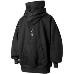 Ninja Doppelter Ausschnitt Baumwolle Pullover Techwear Harajuku Herren Hoodie Hip Hop Streetwear Hoodies Sweatshirts, schwarz, Medium von ELKNLMU
