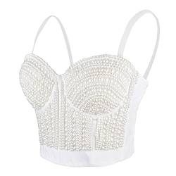 ELLACCI Damen Perlen Perlen Bustier Crop Top Club Party Sexy Korsett Top BH Weiß, Weiss/opulenter Garten, Medium von ELLACCI