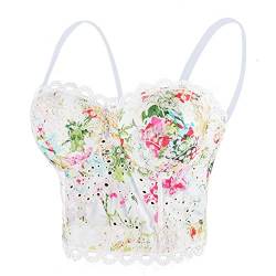 ELLACCI Damen Stickerei Floral Hohl Spitze Bustier Crop Top Sexy Korsett BH Tops Weiß - Wei� - Klein von ELLACCI