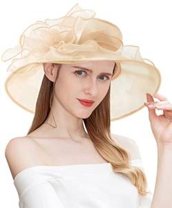 ELLYDOOR Kentucky Derby Hut Organza breite Krempe Sonnenhut Fascinator Hüte für Frauen Braut Hochzeit Tee Party Hut, 14 Beige, Einheitsgröße von ELLYDOOR