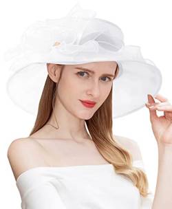 ELLYDOOR Kentucky Derby Hut Organza breite Krempe Sonnenhut Fascinator Hüte für Frauen Braut Hochzeit Tee Party Hut, 14 Weiß, Einheitsgröße von ELLYDOOR