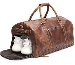 ELMAIN Leder-Reisetasche mit Schuhbeutel, wasserdichte Weekender-Übernachtungstasche, große Handgepäcktasche für Männer und Frauen, Kaffeefarbe von ELMAIN