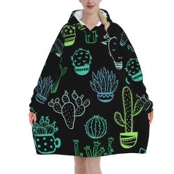 Hoodie Decke Fluoreszierender Kaktus Tragbare Decke Übergroße Decke mit Taschen & Kapuze für Männer Frauen, Fluoreszierender Kaktus, 320g flannel von ELMAIN