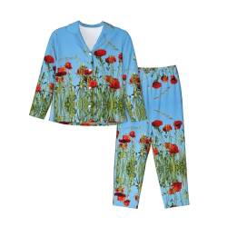 ELRoal Damen-Pyjama, Mohnblumen auf Himmel, bedruckt, langärmelig, Set für Zuhause, Schwarz , XXL von ELRoal